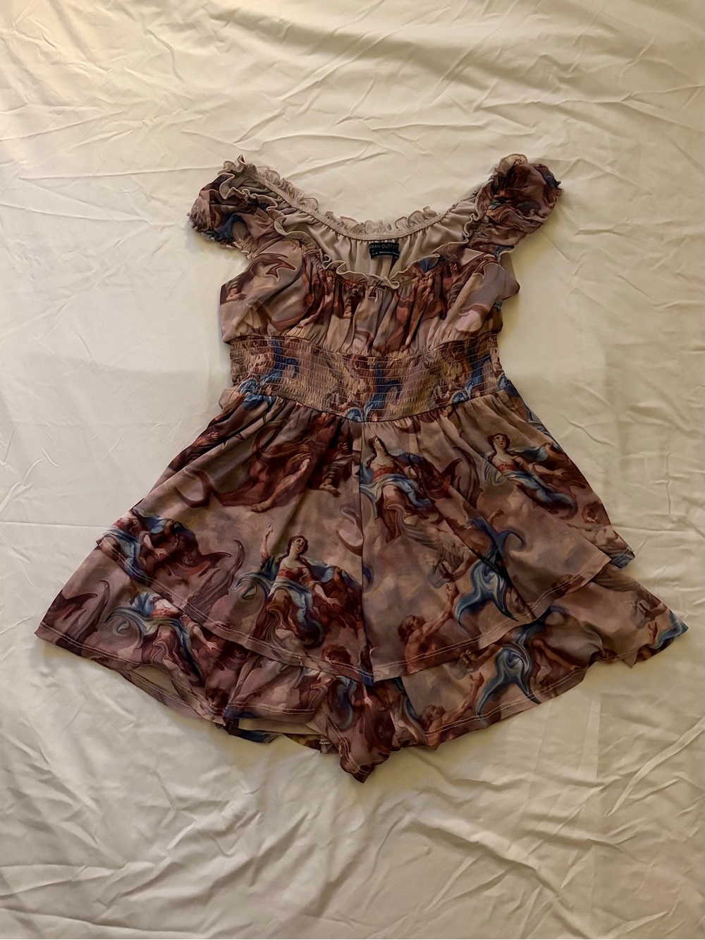 Urban Outfitters Printed Ruffle Off-Shoulder Romper in Taupe, Blue & Brown